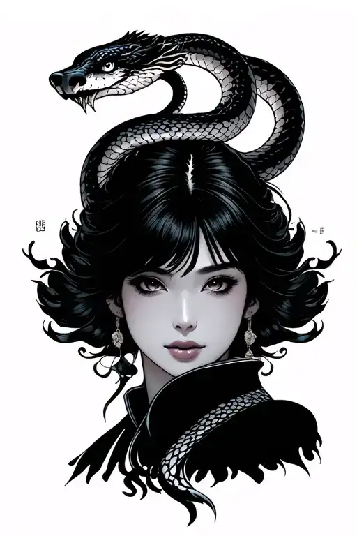 woman one snake in the head to shoulder front view woman should be japanese fierce face tattoo design idea