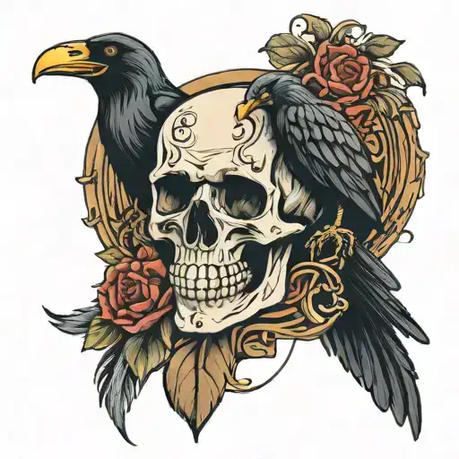 skull and raven holding tattoo design idea