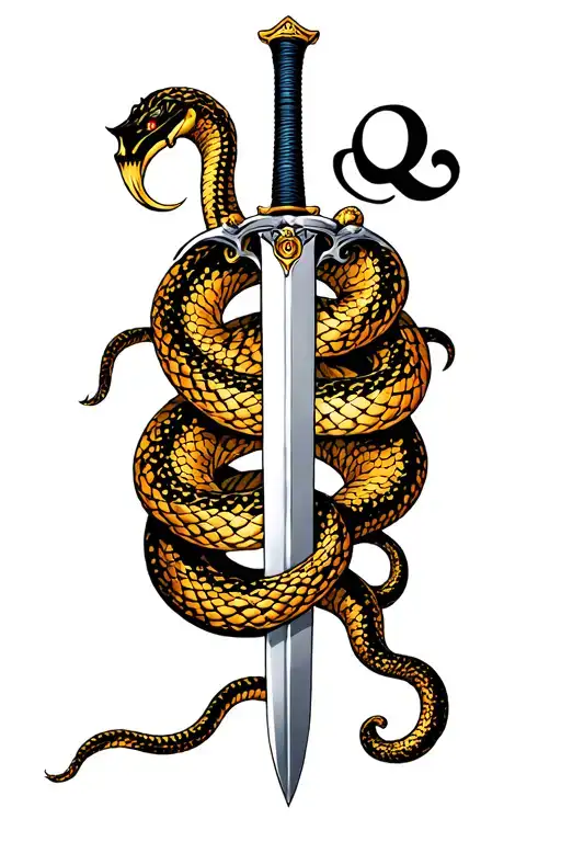 A sword with a snake and a semi colon symbol morphing tattoo design idea