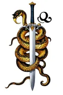 A sword with a snake and a semi colon symbol morphing tattoo design idea