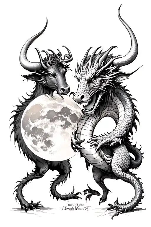 Dragon And Ox holding a waxing gibbous moon together  tattoo design idea