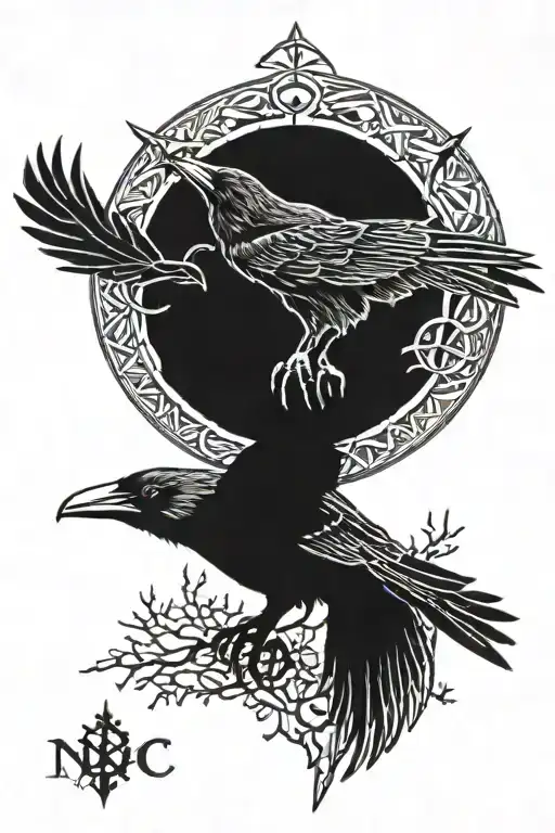 Nordic, Runes, Raven Forest Moon tattoo design idea