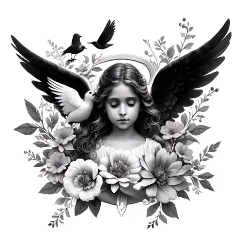 angel photo frame flowers love birds surrounding them tattoo design idea