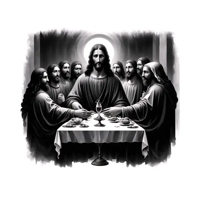 holy supper with the 12 disciples and Jesus Christ with a blurred face tattoo design idea