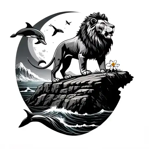 lion on mountain cliff with daffodil flower near ocean watching dolphin jump under crescent moon tattoo design idea
