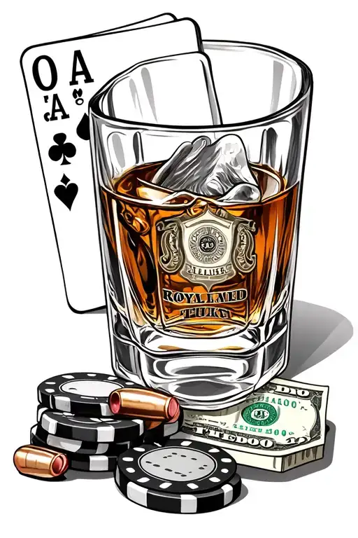 Glass of whisky, shot glasses, two shotgun shells/ ammo , royal flush in cards, poker chips, 100 dollar bill, American f tattoo design idea