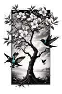 peach tree and humming birds tattoo design idea