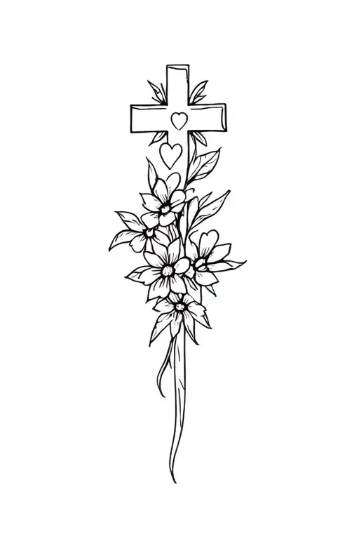cross with flowers and a heart tattoo design idea