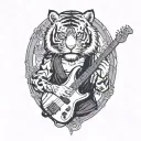 tiger with a black belt playing bass guitar tattoo design idea