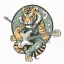 tiger with a black belt playing bass guitar tattoo design idea