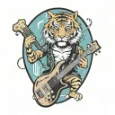 tiger with a black belt playing bass guitar tattoo design idea