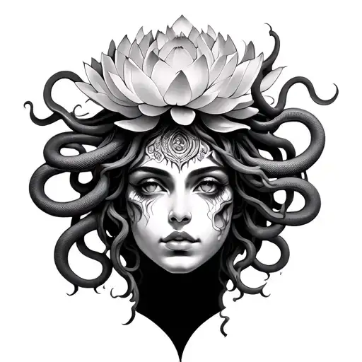 Medusa with 15 snakes only from the nose to the forehead with 8 lotus flowers tattoo design idea