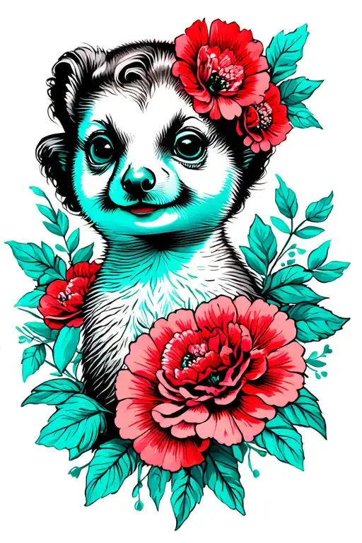 traditional Shirley Temple with a meerkat turquoise coloring carnations of all colors implements Valentine's Day birthda tattoo design idea