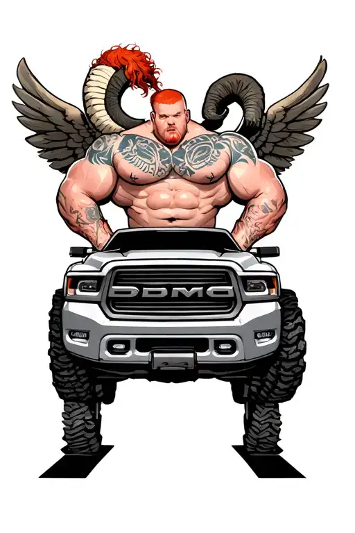a guy that is 5 foot 8 with buzzed red hair and about 220 lbs chubby with wings on his back and a big ram truck tattoo design idea