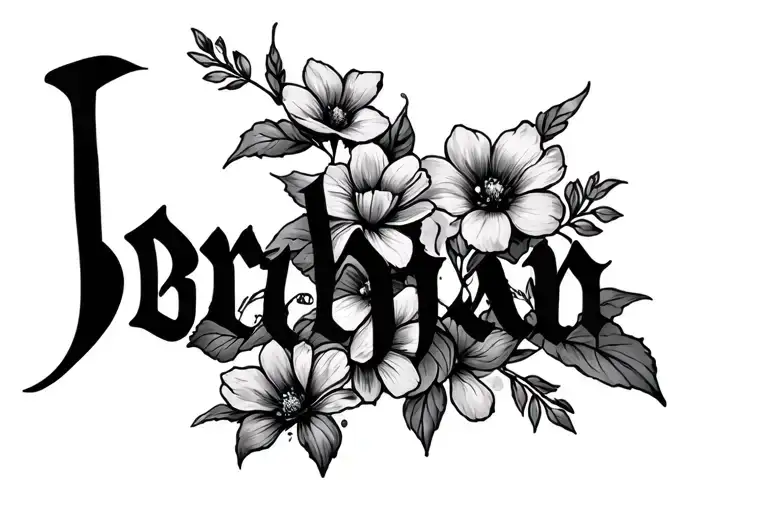 "Ibrahim" on the cuff of thigh/butt with flowers growing tattoo design idea