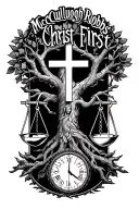 "McCullough Robbs Christ First" "McCullough Robbs Christ First" "McCullough Robbs"  tree of life intertwined with cross, libra scales and a hourglass  tattoo design idea