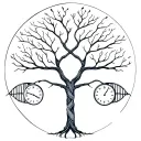 tree of life with dna strand as roots and 2 clocks woven into dna strand roots tattoo design idea