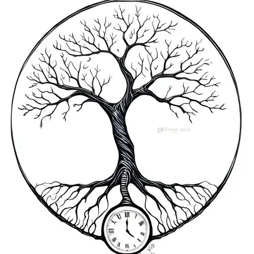 tree of life with dna strand as roots and 2 clocks woven into dna strand roots tattoo design idea