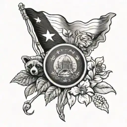Tennessee flag with iris and dogwood flowers with bears and raccoons and turkeys tattoo design idea
