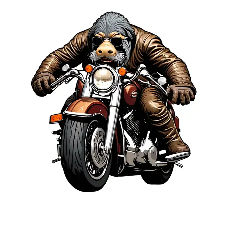 male walrus full body wearing riding leathers and sunglasses with a grey goatee riding a harley ultra limited tattoo design idea
