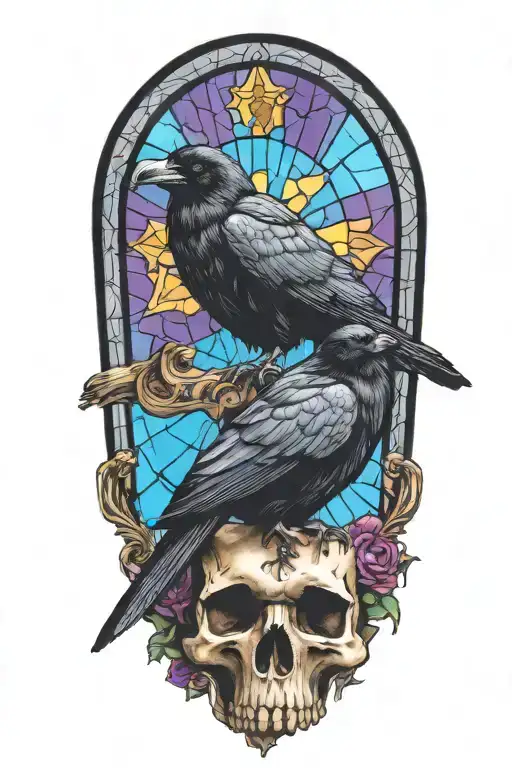 raven on skull with stained glass background black with memento mori written on banner tattoo design idea