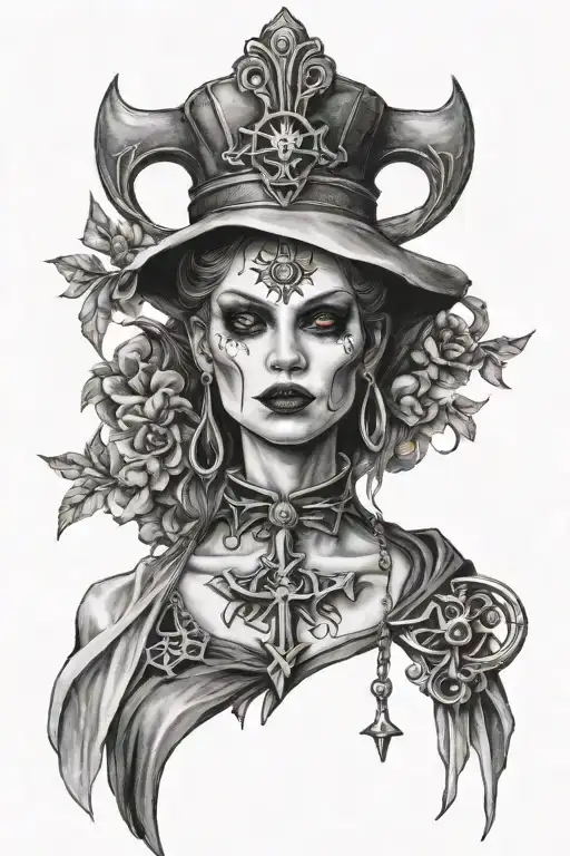 vampire woman wearing ankh neckless cross tattoo design idea