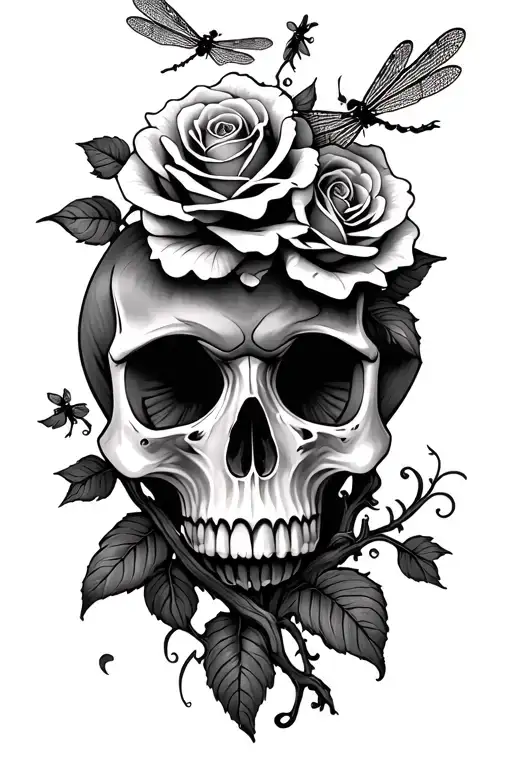 roses, meaningful, mushroom, vines, 1 skull, dragonflies tattoo design idea