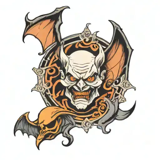 bat ghost and demon grandfather inside with a round head tattoo design idea