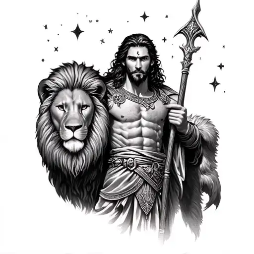 Orion the Hunter in Greek mythology, black and white fine-line tattoo, holding a club and lion pelt, stars and constella tattoo design idea