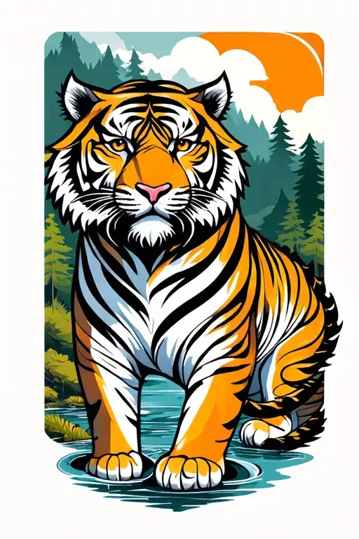 Featuring a male tiger with a forest as the background.Featuring a female dragon with a river as the background tattoo design idea