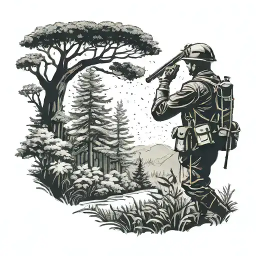 A serene forest scene with a silhouette of a soldier saluting, blending the love for nature and military service tattoo design idea
