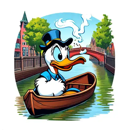 Donald Duck smoking a joint with stonesitting  in a boat down a canal in Amsterdam with bridge and houses in background. tattoo design idea