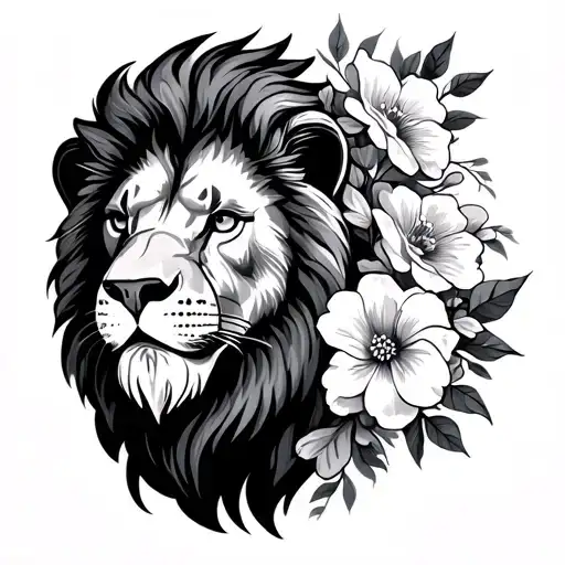 flowers with male lion head tattoo design idea