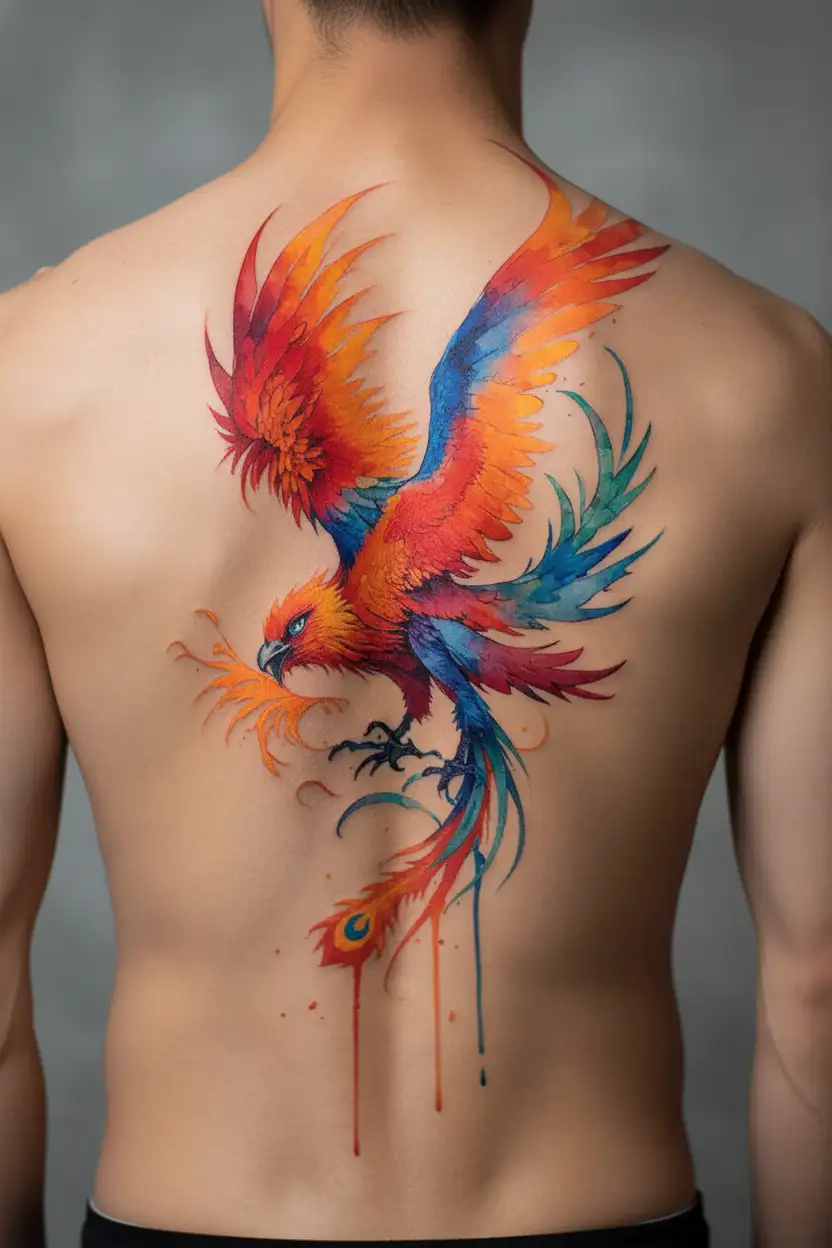 tattoo sleeve from shoulder to elbow phoenix,  he head is kind, not menacing and add colors, red, orange tattoo design idea