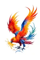 tattoo sleeve from shoulder to elbow phoenix,  he head is kind, not menacing and add colors, red, orange tattoo design idea