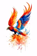 tattoo sleeve from shoulder to elbow phoenix,  he head is kind, not menacing and add colors, red, orange tattoo design idea