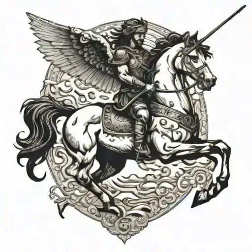 bellerophon riding on pegasus horse with spear tattoo design idea