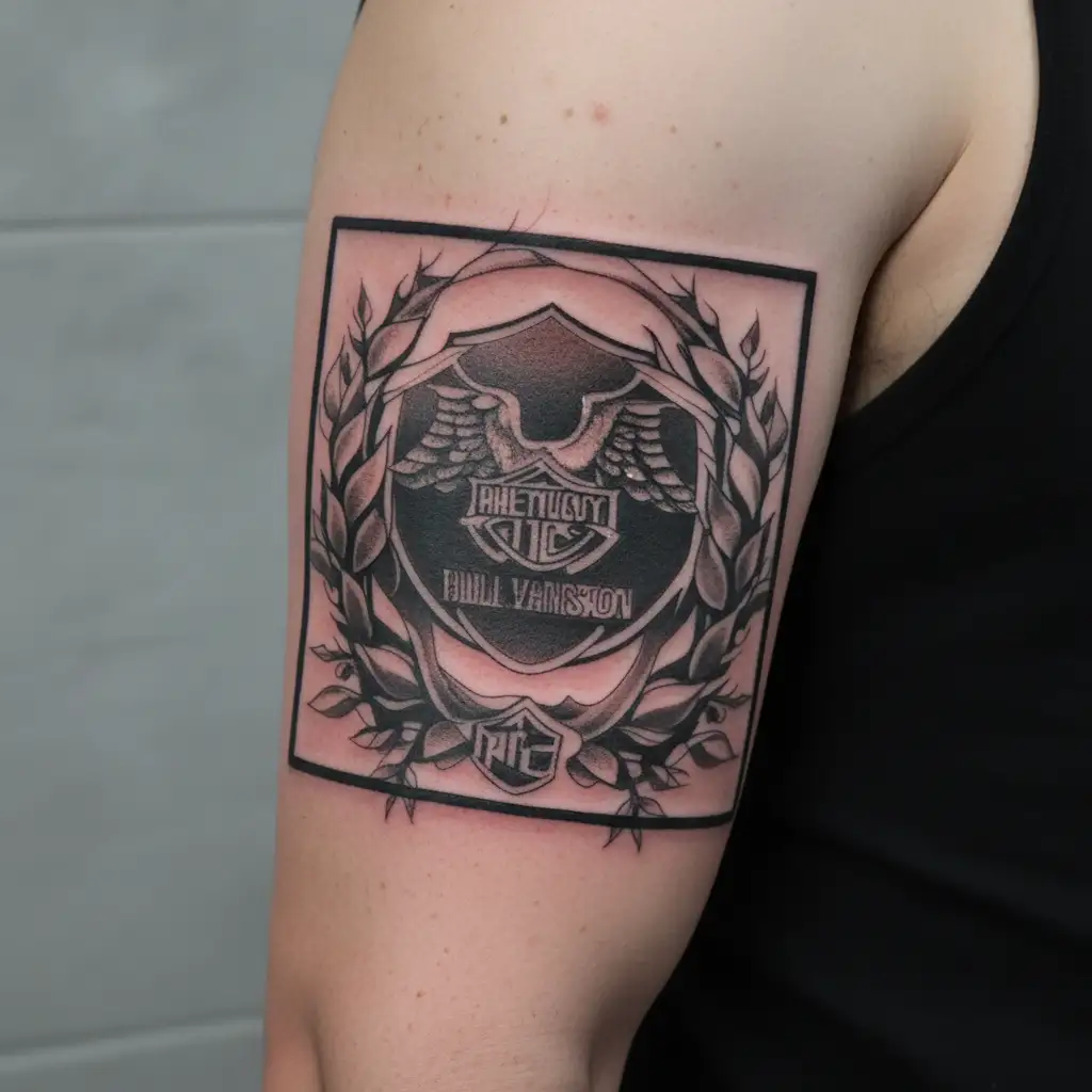 A Harley-Davidson motorcycle surrounded by a wreath of family names, emphasizing the importance of family in the client's life tattoo design idea