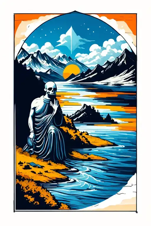 lower part- water, stream, outdoors, upper part- mountains, skeleton monk, clouds tattoo design idea