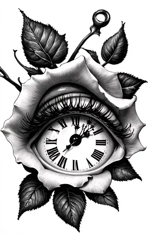 rose and clock eye tattoo design idea