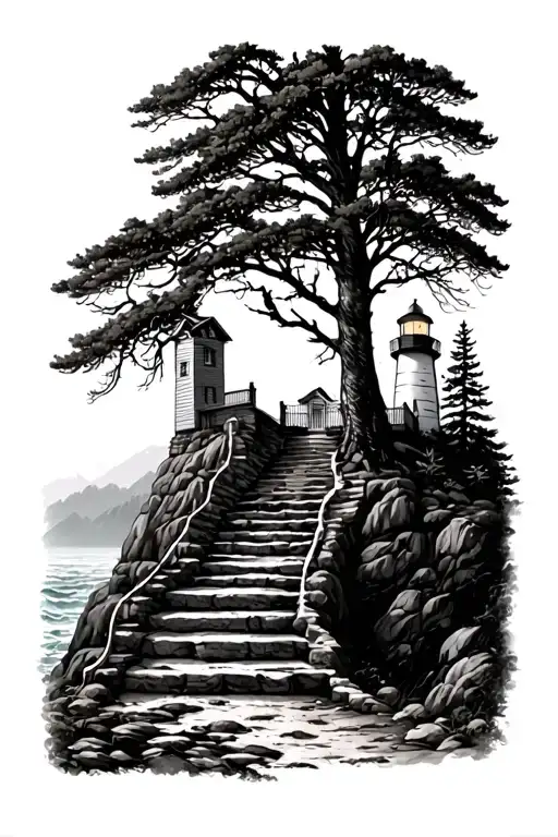  steps leading into forest against ocean cliffs maine lighthouse in background  tattoo design idea