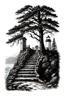  steps leading into forest against ocean cliffs maine lighthouse in background  tattoo design idea