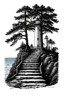  steps leading into forest against ocean cliffs maine lighthouse in background  tattoo design idea