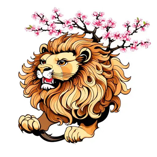 lion and cherry blossom tree intertwined tattoo design idea