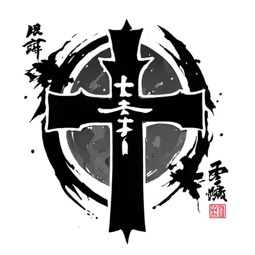 cross with japanese letters tattoo design idea