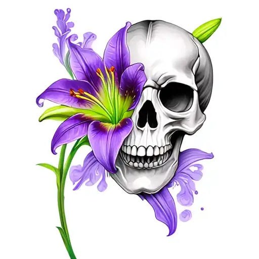 a skull that is black and white behind the skull is a purple tiger Lilly flower that is lime green and lavender colored. tattoo design idea
