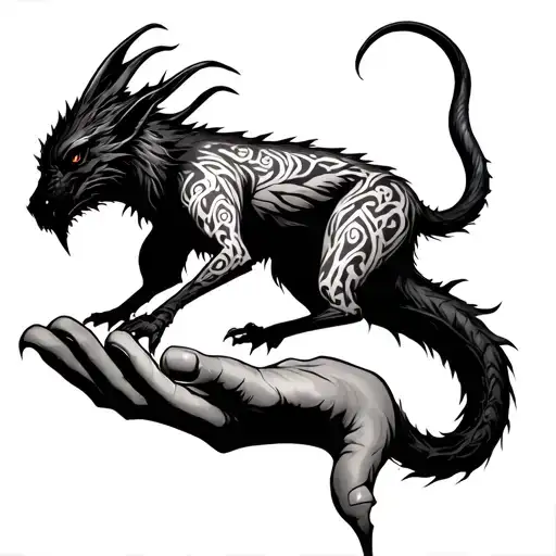 A mythical animal with a long tail and two legs in a demonic hand. The animal's body is on its back, with its tail wrapp tattoo design idea