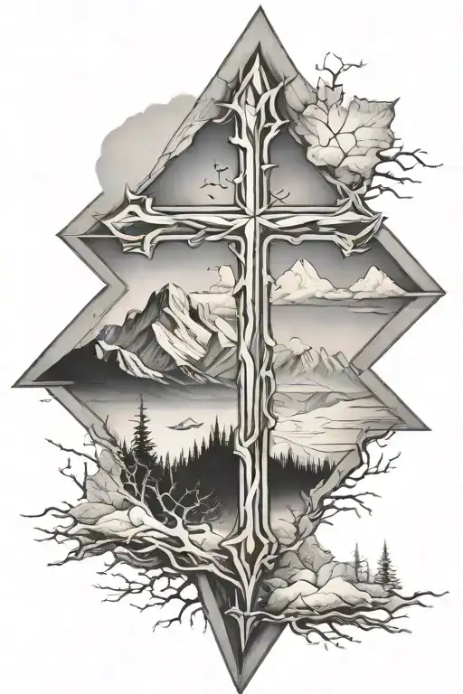 Cross with winter mountains inside  tattoo design idea