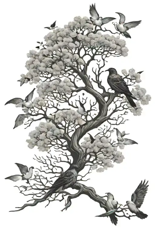 two trees growing entwined with birds silhouetted  tattoo design idea