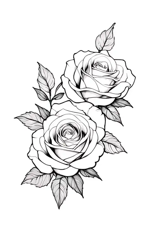 Black and grey realism tattoo of two roses intertwined gracefully on the upper arm. Elegant fine lines with minimal shad tattoo design idea